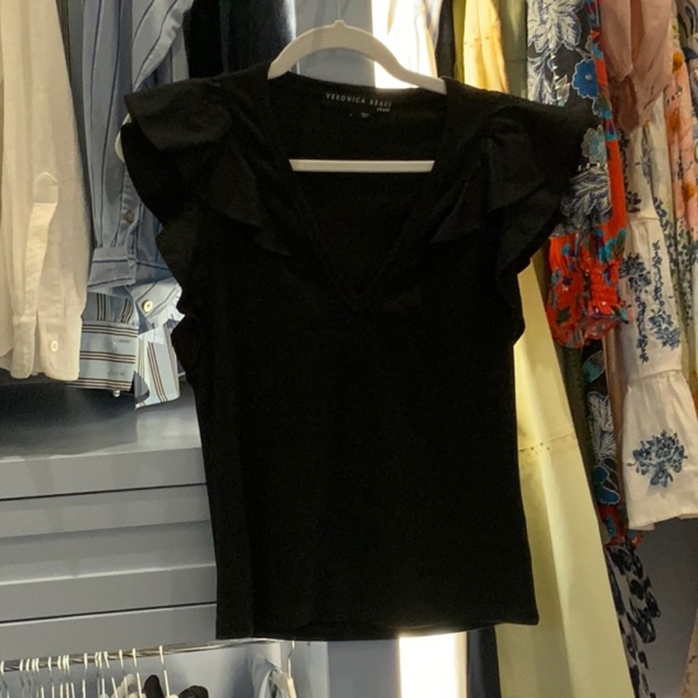 Veronica Beard Black Ruffle Sleeve Top